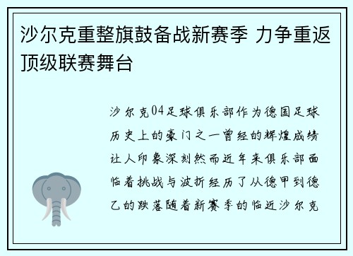 沙尔克重整旗鼓备战新赛季 力争重返顶级联赛舞台