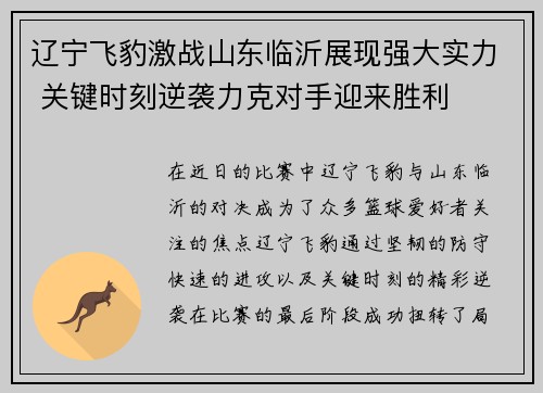 辽宁飞豹激战山东临沂展现强大实力 关键时刻逆袭力克对手迎来胜利
